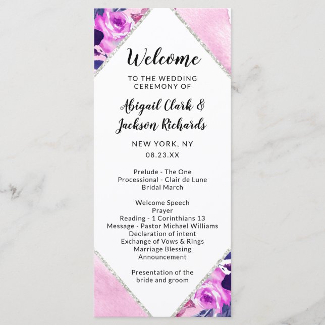 Enchanted Floral Purple Diamond Wedding Ceremony Program (Front)