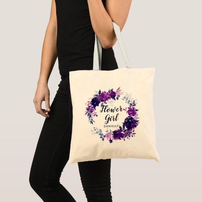 Enchanted Floral Purple Flower Girl Monogrammed Tote Bag (Front (Product))
