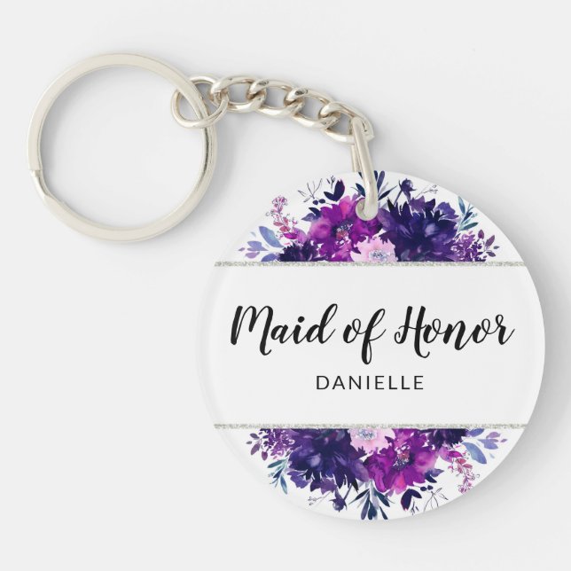 Enchanted Floral Purple Maid of Honour Monogrammed Key Ring (Front)