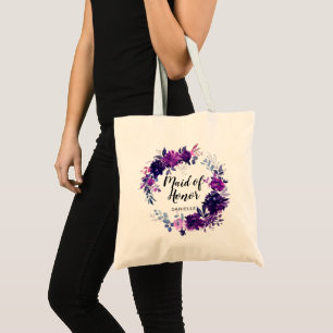Enchanted Floral Purple Maid of Honour Monogrammed Tote Bag