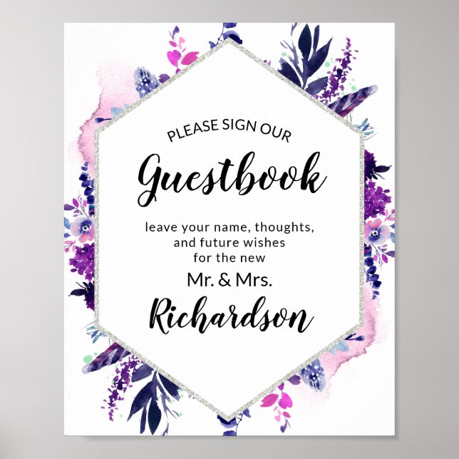 Enchanted Floral Purple Sign Our Guestbook Sign (Front)