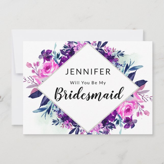 Enchanted Floral Violet Bridesmaid Proposal Card (Front)