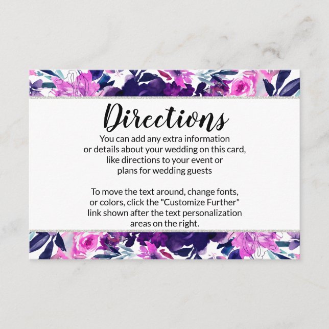 Enchanted Floral Violet Silver Wedding Directions Enclosure Card (Front)