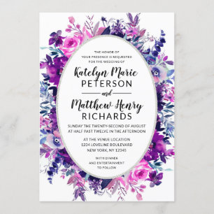 Enchanted Floral Violet Watercolor Oval Wedding Invitation