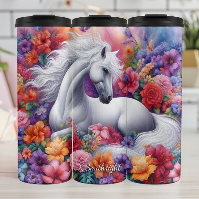 Enchanted Floral White Horse Dream Thermal Tumbler (Creator Uploaded)