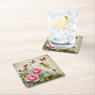 Enchanted Flroral Fairies Garden Square Paper Coaster