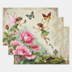 Enchanted Flroral Fairies Garden Wrapping Paper Sheet