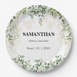 Enchanted Foliage Gold & Green Bridal Shower Paper Plate