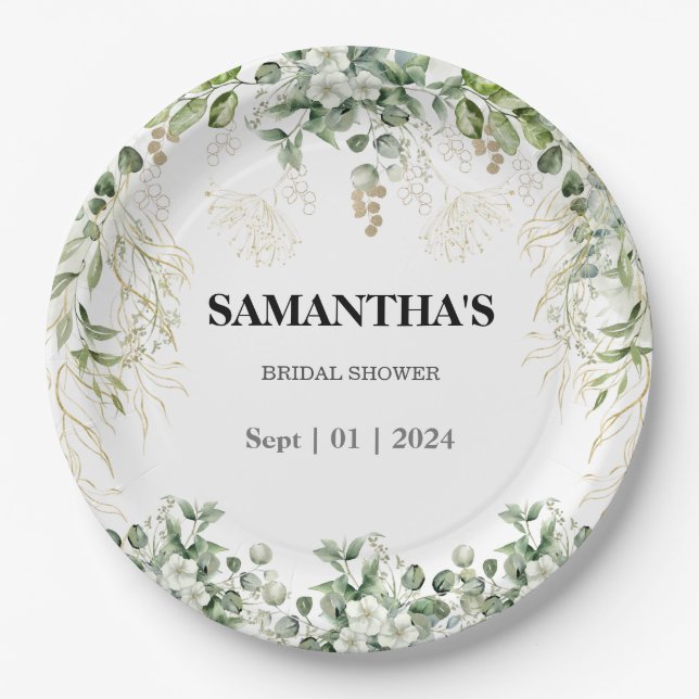 Enchanted Foliage Gold & Green Bridal Shower Paper Plate (Front)