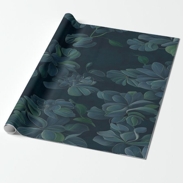  Enchanted Foliage: Green Leaves on Dark Blue 4 Wrapping Paper (Unrolled)
