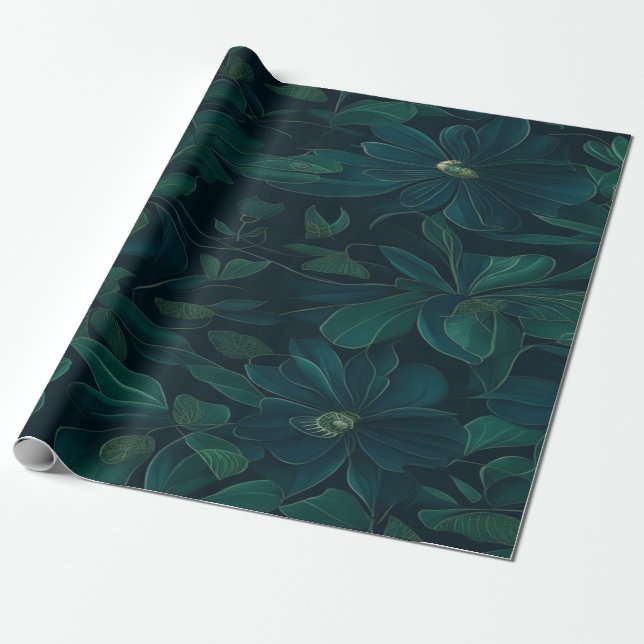 Enchanted Foliage: Green Leaves on Dark Blue Wrapping Paper (Unrolled)