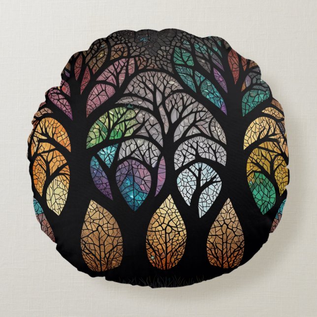 Enchanted Forest: A Stained Glass Masterpiece Round Cushion (Front)