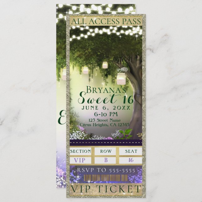 Enchanted Forest Access VIP Sweet 16 Party Ticket Invitation (Front/Back)
