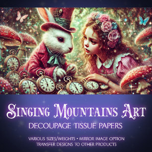 Enchanted Forest Alice Rabbit Clocks Decoupage Tissue Paper