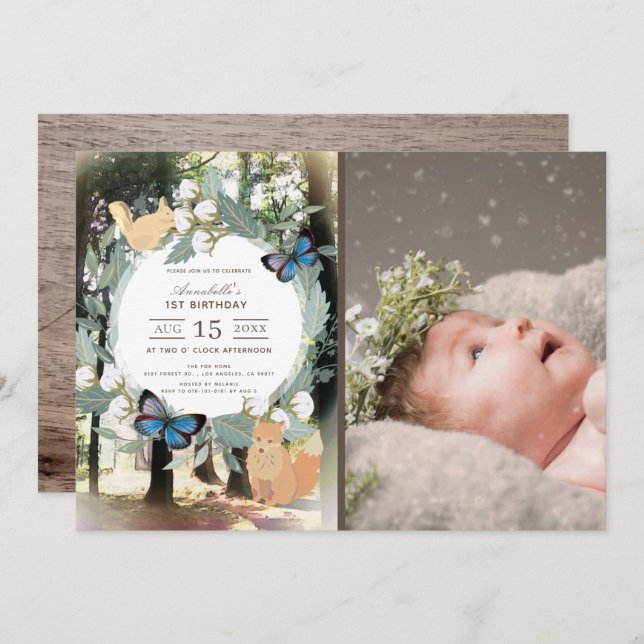 Enchanted Forest Animals Photo 1st Birthday Invitation (Front/Back)