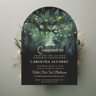 Enchanted Forest Arch Fairytale Green Quinceañera Invitation
