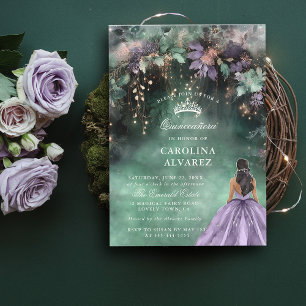 Enchanted Forest Arch Gold Lavender Quinceanera Invitation