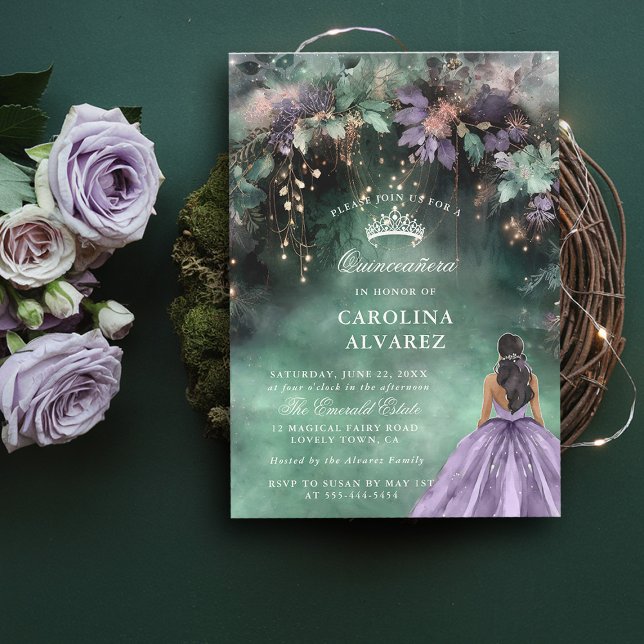 Enchanted Forest Arch Gold Lavender Quinceanera Invitation (quince invitation quinceanera emerald green lavender enchanted forest magical fairy tale elegant )
