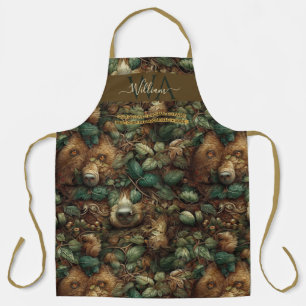 Enchanted forest bear green brown custom Monogram Apron