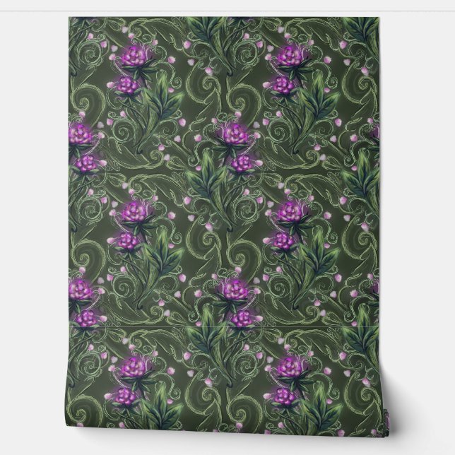 Enchanted Forest Berry Vine Pattern Wallpaper (Unrolling)
