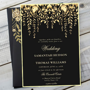 Enchanted Forest Black Gold Elegant Wedding Invitation