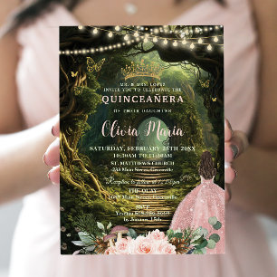 Enchanted Forest Blush Floral Quinceañera Sweet 16 Invitation