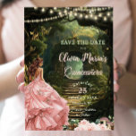 Enchanted Forest Blush Floral Quinceañera Sweet 16 Save The Date<br><div class="desc">Set the stage for a magical celebration with this Enchanted Forest Quinceañera Save the Date. Featuring a beautiful girl in a blush pink ball gown surrounded by twinkling fairy lights and enchanted greenery, this dreamy design is perfect for a fairy tale Quinceañera. Ideal for enchanted forest themes, woodland princess themes,...</div>