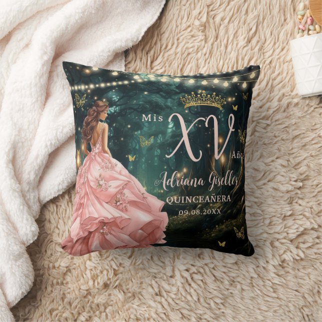Enchanted Forest Blush Pink Quinceañera Sweet 16 Cushion (Blanket)