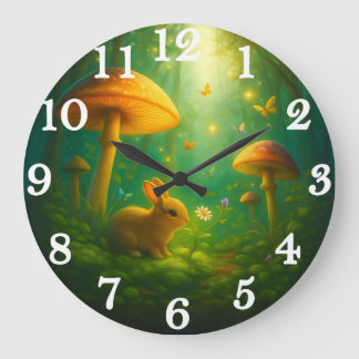 Enchanted forest bunny & mushrooms large clock