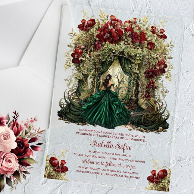 Enchanted Forest Burgundy Floral Acrylic Invitations (Enchanted forest invitation with beautiful emerald gown and floral forest entrance. Any occasion.)
