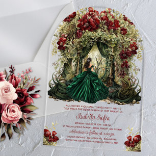 Enchanted Forest Burgundy Floral Arch Acrylic Invitations