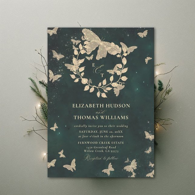Enchanted Forest Butterflies Emerald Green Wedding Invitation (Enchanted Forest Emerald Green Greenery Crest Butterflies Gold Modern Calligraphy Wedding Invitation)