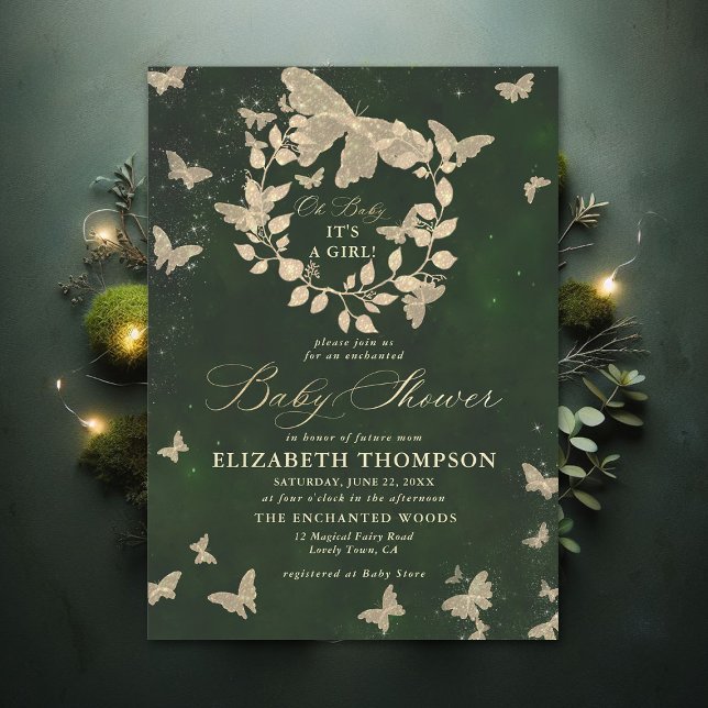 Enchanted Forest Butterflies Foliage Baby Shower Invitation (Enchanted Forest Hunter Green Greenery Butterflies Modern Calligraphy Baby Shower Invitation)