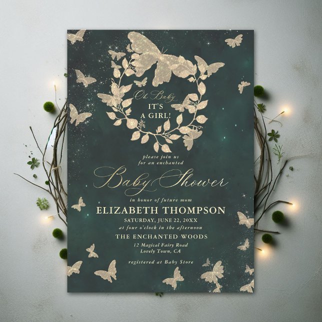 Enchanted Forest Butterflies Greenery Baby Shower Invitation (Enchanted Forest Emerald Green Greenery Butterflies Modern Calligraphy Baby Shower Invitation)