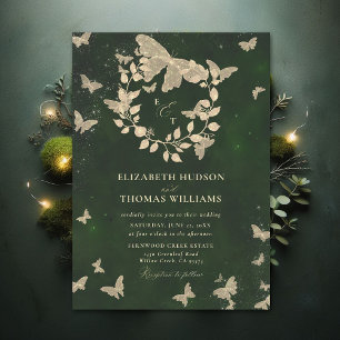 Enchanted Forest Butterflies Hunter Green Wedding Invitation