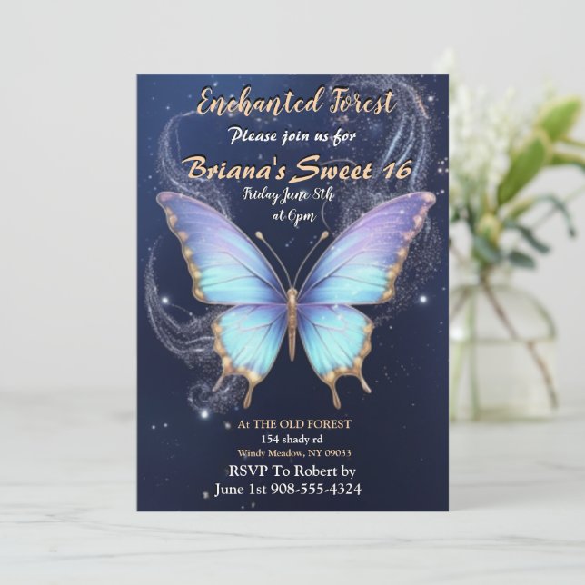 Enchanted Forest Butterfly Sweet 16 Invitations (Standing Front)