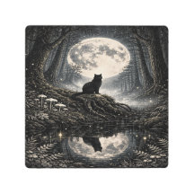 Enchanted Forest Cat Full Moon Night Fantasy Print