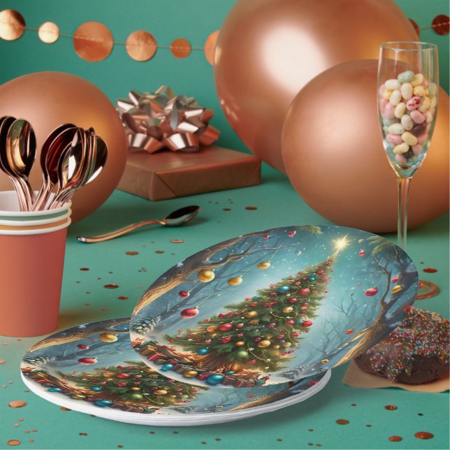 Enchanted Forest Christmas: Tree with Baubles Paper Plate (Multi)