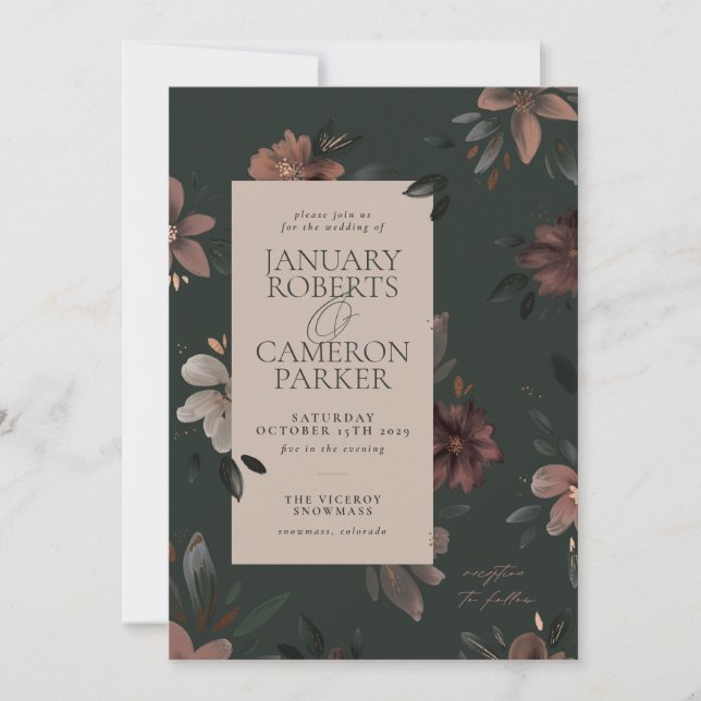 Enchanted Forest Dark Green Floral Wedding Invite (Front)