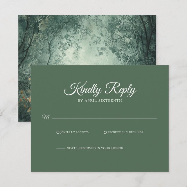 Enchanted Forest Dark Green Wedding RSVP Card (Front/Back)
