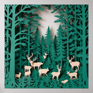 Enchanted Forest Deer – Paper Cut Art Woodland Poster