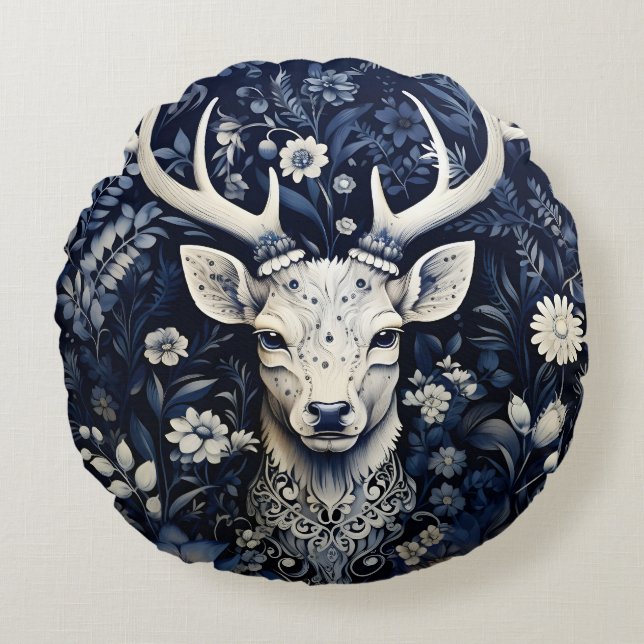 Enchanted Forest Deer Winter Bloom Round Cushion (Front)