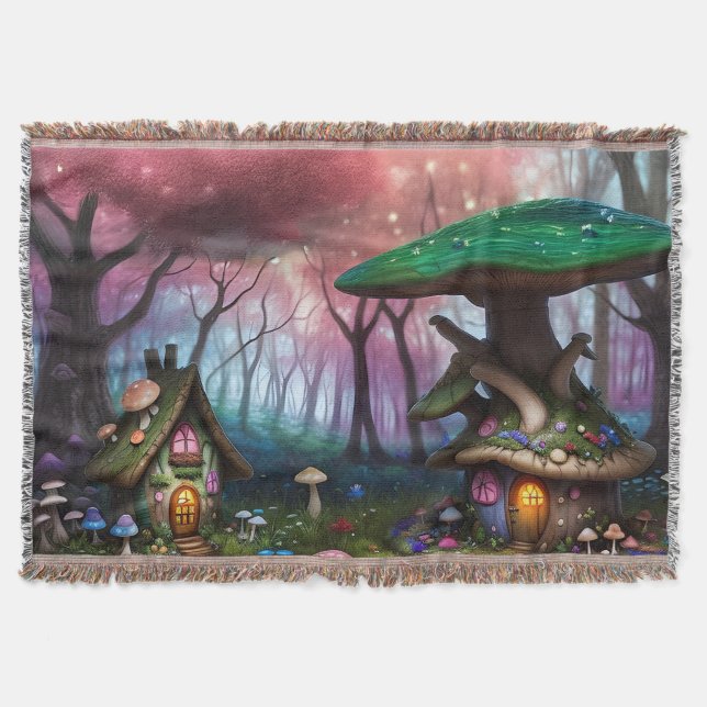 Enchanted Forest Dreamscape Mushroom Fantasy Fairy Throw Blanket (Front)