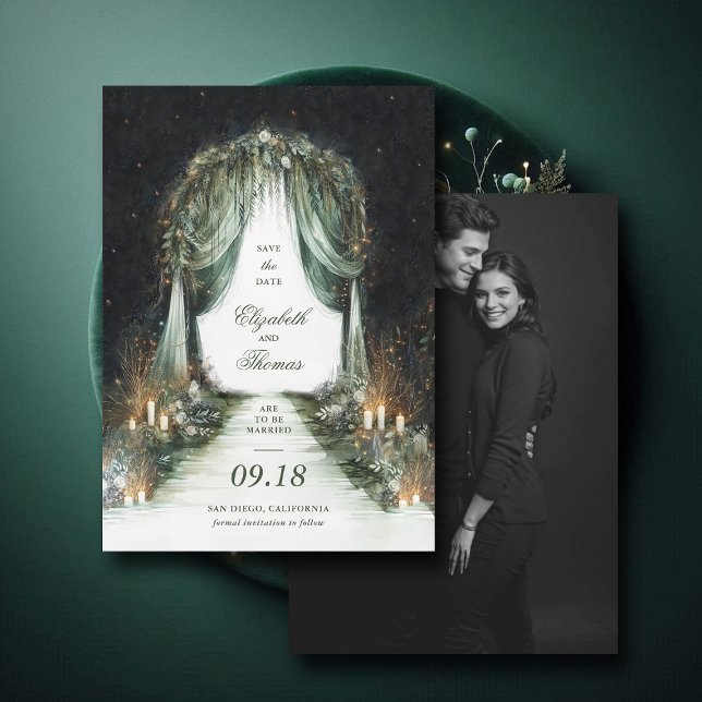 Enchanted Forest Dreamy Night Canopy Photo Wedding Save The Date (enchanted forest woodland wedding save the date romantic canopy fairy tale magic bespoke moody dark)