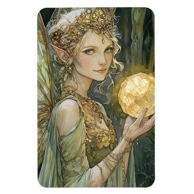 Enchanted Forest Elf Maiden With Crystal Ball Magnet (Vertical)