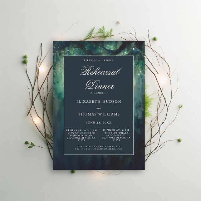 Enchanted Forest Emerald Elegant Rehearsal Dinner Invitation (wedding rehearsal dinner invitation enchanted forest secret garden magical theme emerald gold)