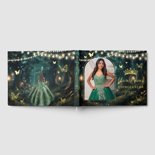 Enchanted Forest Emerald Gold Quinceañera Photo Guest Book (Full)