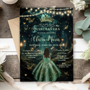 Enchanted Forest Emerald Green Dress Quinceañera Invitation