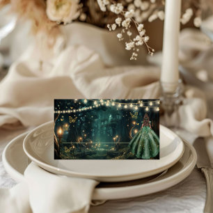 Enchanted Forest Emerald Green Dress Quinceañera  Place Card