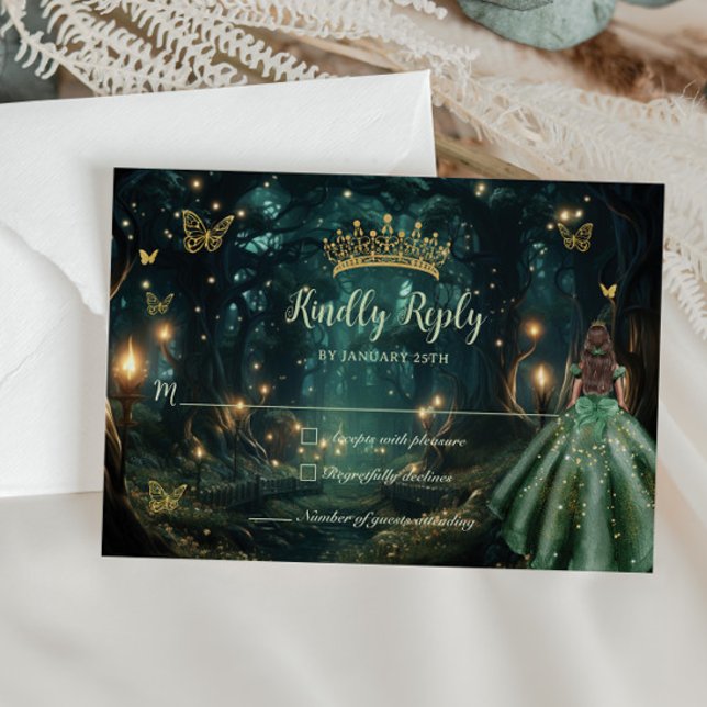 Enchanted Forest Emerald Green Dress Quinceañera  RSVP Card (Creator Uploaded)